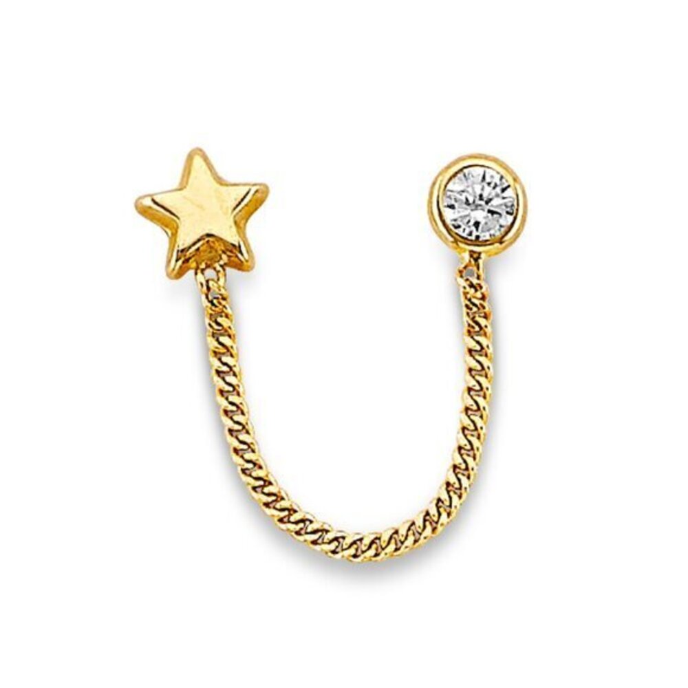One Pc 14K Yellow Gold Star CZ Crawler Stud Earrings with Screw Back